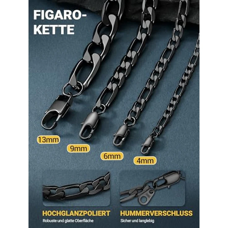 PROSTEEL Herren Halskette Figaro Kette, Edelstahl Schwarz, Breite 6mm, Länge 56cm, eleganter Schmuck für Männer – Bild 4