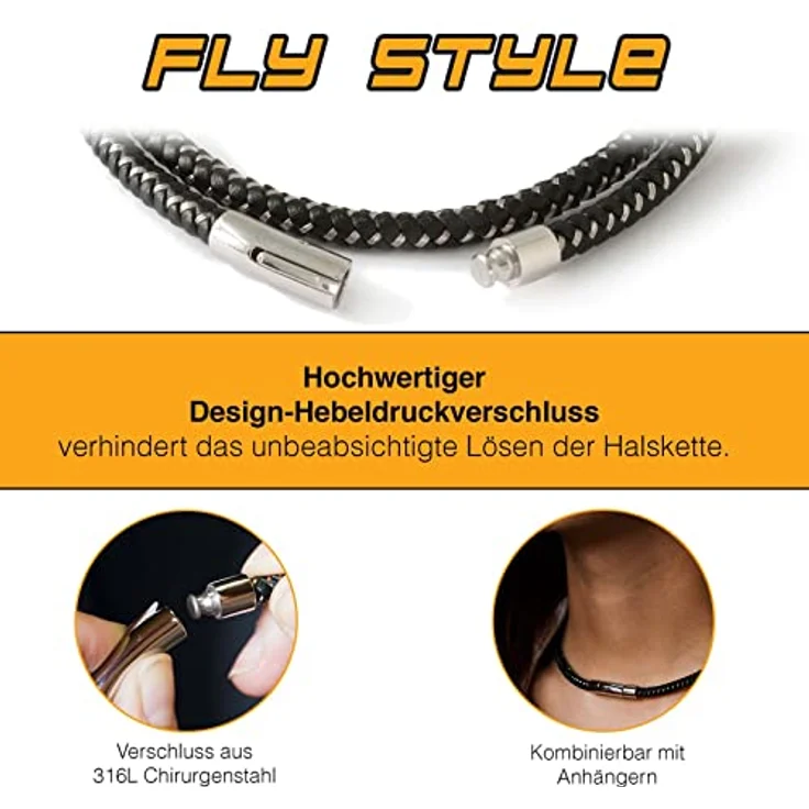 Fly Style Halskette Armband, geflochtenes Kunstleder in schwarz mit Edelstahlverschluss, Herren Kette, Länge: ca. 23 cm, Stärke: 6 mm – Bild 4