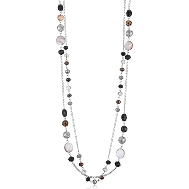 FULU AUTUMN Lange Perlenkette Silber, Zwei Strang Modeschmuck Halskette mit Kristall und Achatmuscheln, Geschenk für Damen (Schwarz)