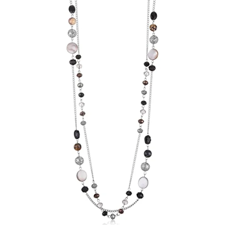FULU AUTUMN Lange Perlenkette Silber, Zwei Strang Modeschmuck Halskette mit Kristall und Achatmuscheln, Geschenk für Damen (Schwarz) – Bild 1