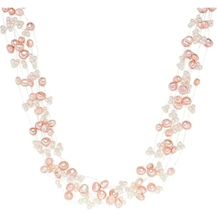 Valero Pearls Damen-Halskette, Hochwertige Süßwasser-Zuchtperlen 4-6 mm Barock, rosa-weiße Farbkombination, mit 925er Sterlingsilber Karabinerverschluss
