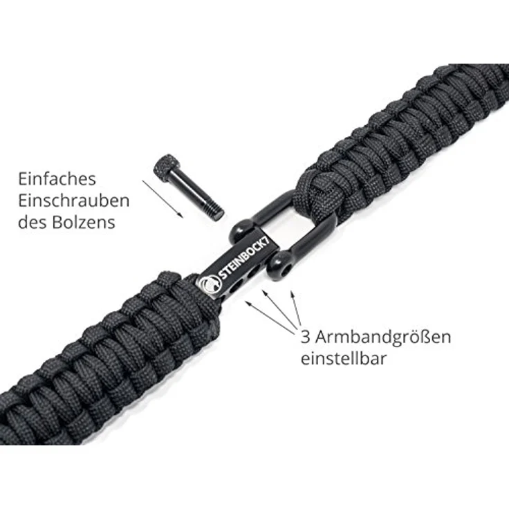 Steinbock7 Paracord Armband Herren Survival, geflochtenes Outdoor-Armband mit Edelstahlverschluss, verstellbar, schwarz – Bild 4