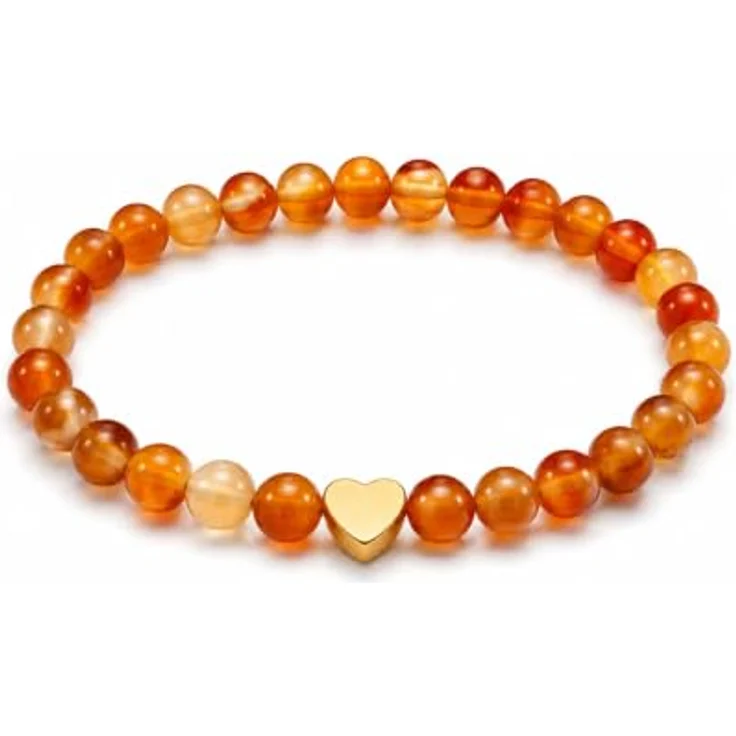 GD GOOD.designs Edelstein Karneol Armband mit 18K vergoldetem Edelstahl Herz, Wasserfest, 6 mm Naturstein Perlen, elastisch 15–19 cm, inkl. Schmuckbeutel – Bild 1
