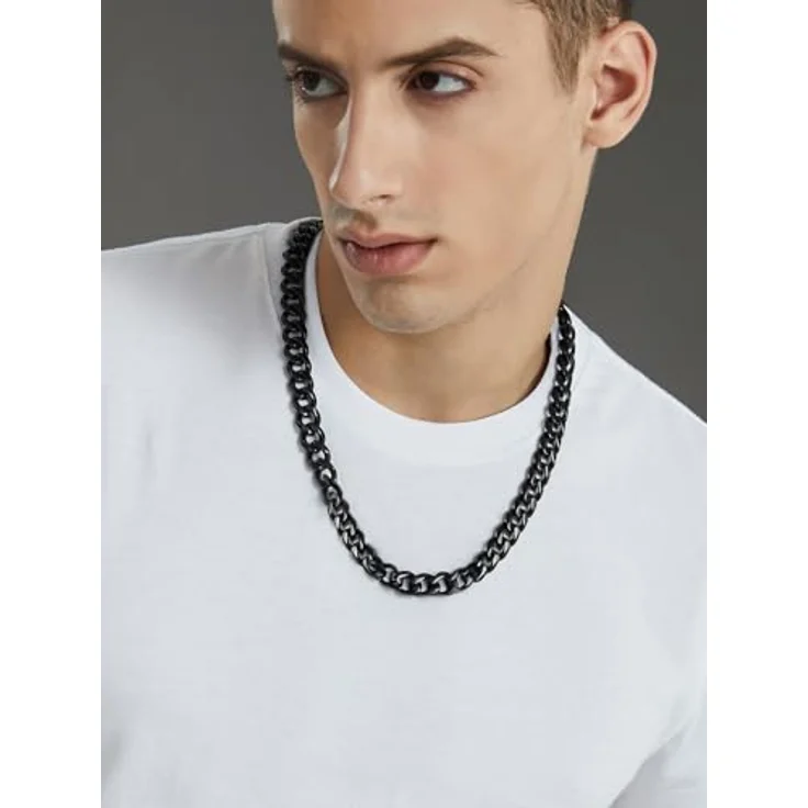 ChainsHouse Panzerkette Halskette, Edelstahl Männer Kette 12mm Glieder, 46cm, schwarz, antiallergen, Hip Hop Halsschmuck – Bild 3