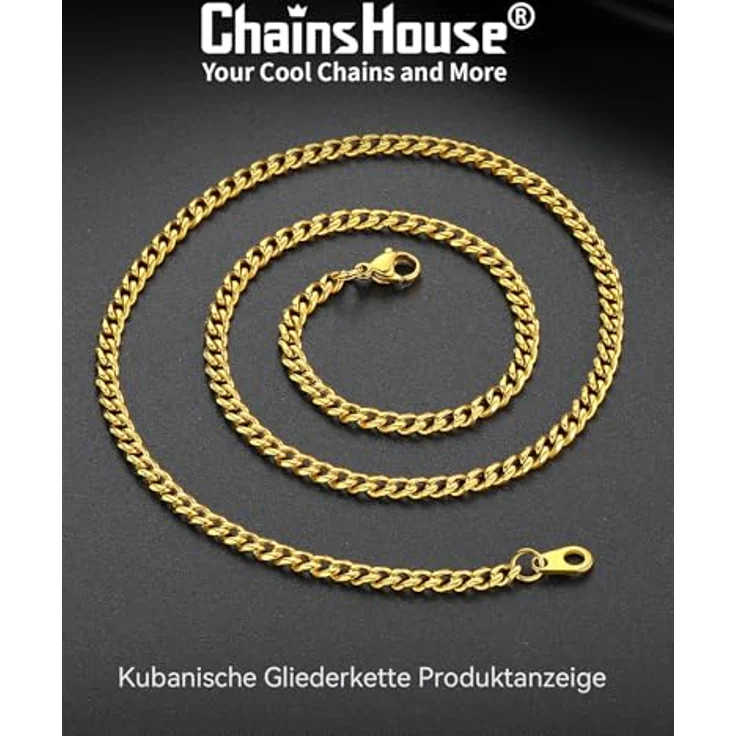 ChainsHouse Kubanische Goldkette Herren, 3mm Edelstahl Halskette, 71cm, vergoldet, Karabinerverschluss, ideal für Rapper und Geschenkideen – Bild 5