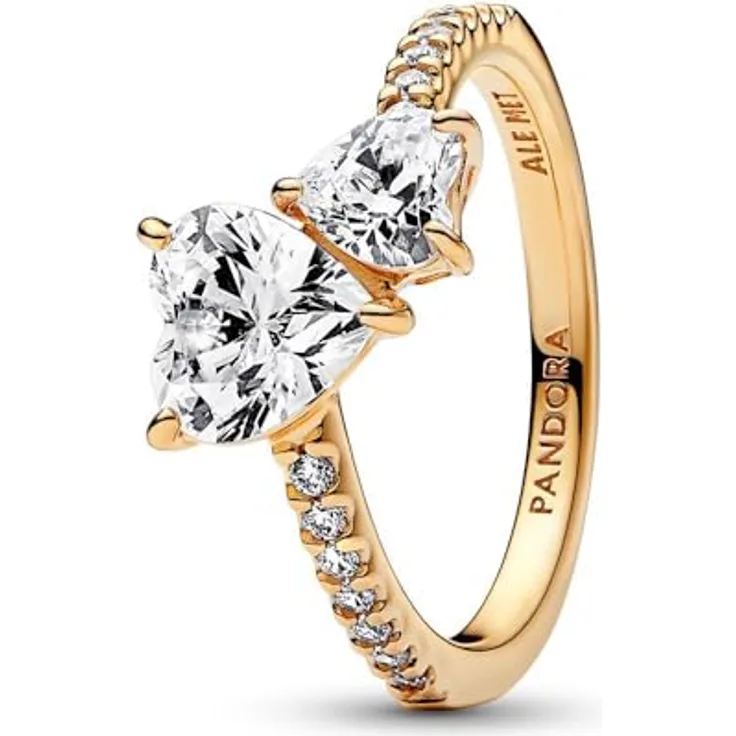 PANDORA Double Heart Sparkling Ring 161198C01-50, 14k vergoldetes Metall, mit Cubic Zirconia