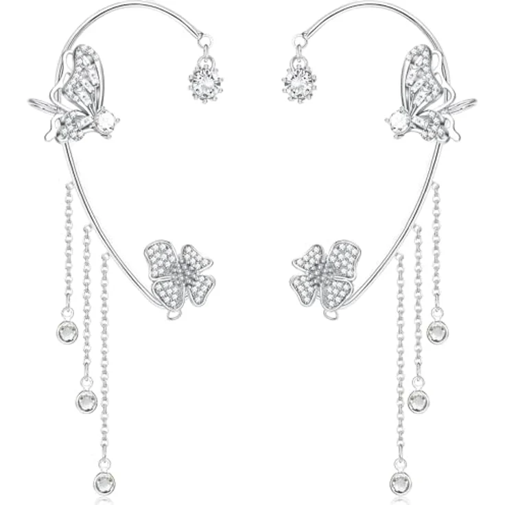BSLVWG 2 Stück Schmetterling Ohr Manschetten, Silber mit Blumen Quaste und Zirkonen, kein Piercing für Frauen und Mädchen – Bild 1