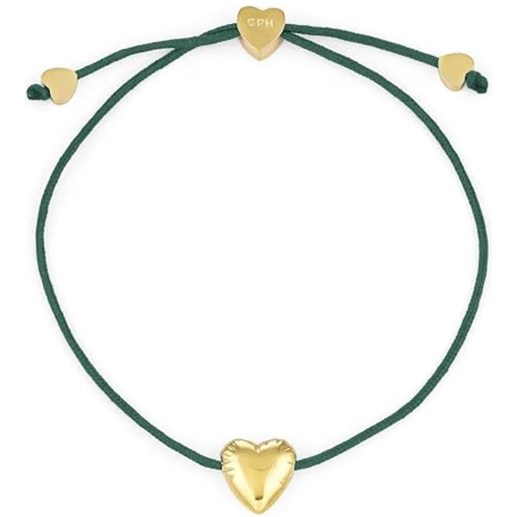 Copenhagen STUDIOS Bracelet Balloon Hearts - Damenarmband in grün und gold mit Nylonband & Herzanhänger aus poliertem Edelstahl mit 14K Vergoldung, stufenlos verstellbar bis 24 cm