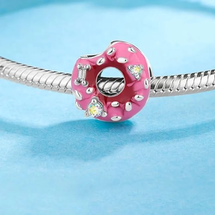 Anduonie Donut Charm Anhänger aus 925er Silber mit Gold Stopper, Rot, kompatibel mit europäischen Armbändern und Halsketten für Frauen – Bild 3