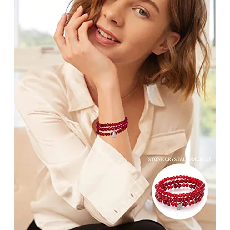 FULU AUTUMN Perlenarmband Set, Mehrschichtiges Stretch Damen Armband aus Naturstein und Kristall, Boho Modeschmuck in Rot für Mama, Oma und Frau – Bild 4
