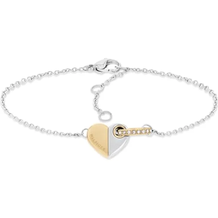 Tommy Hilfiger Jewelry Damen Gliederarmband mit Herz-Charm, vergoldet, 160 mm Innenumfang, Erweiterung 20 mm, Karabinerverschluss