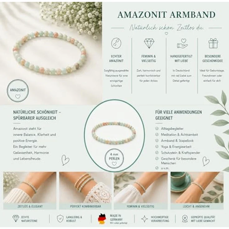 Unique Gems Amazonit Armband, Naturstein Damen Perlenarmband 4mm elastisch, handgefertigt, made in Germany, harmonisch blaugrün, perfekt für Layering – Bild 3