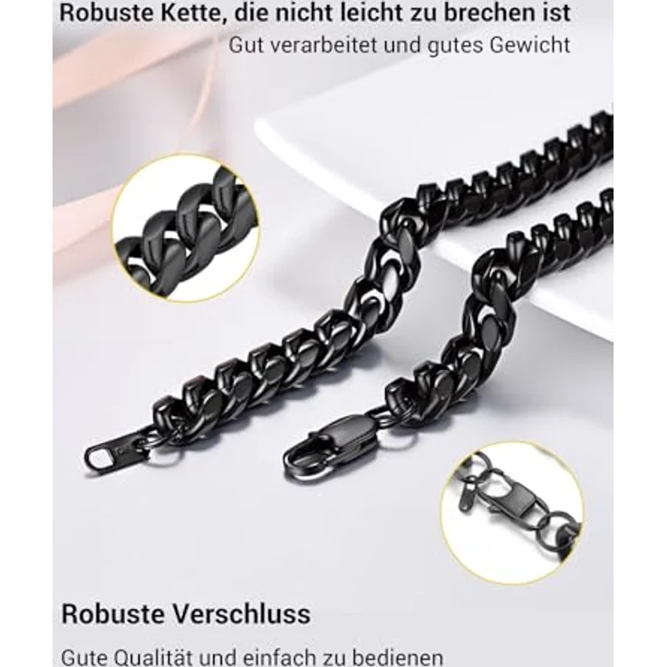 PROSTEEL Herren Hip-Hop Street Style Halskette 10mm Panzerkette 46 cm Schwarz, 316L Edelstahl mit Karabinerverschluss – Bild 4