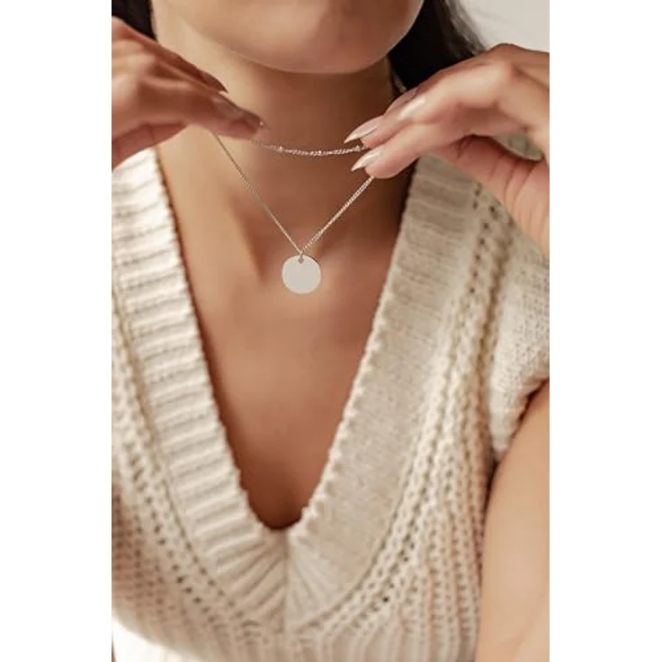 Happiness Boutique Damen Zweireihige Kette mit Kreis Anhängern aus Edelstahl in Silberfarbe | Trendige Mehrreihige Kette mit Runde Plättchen für jeden Anlass – Bild 4