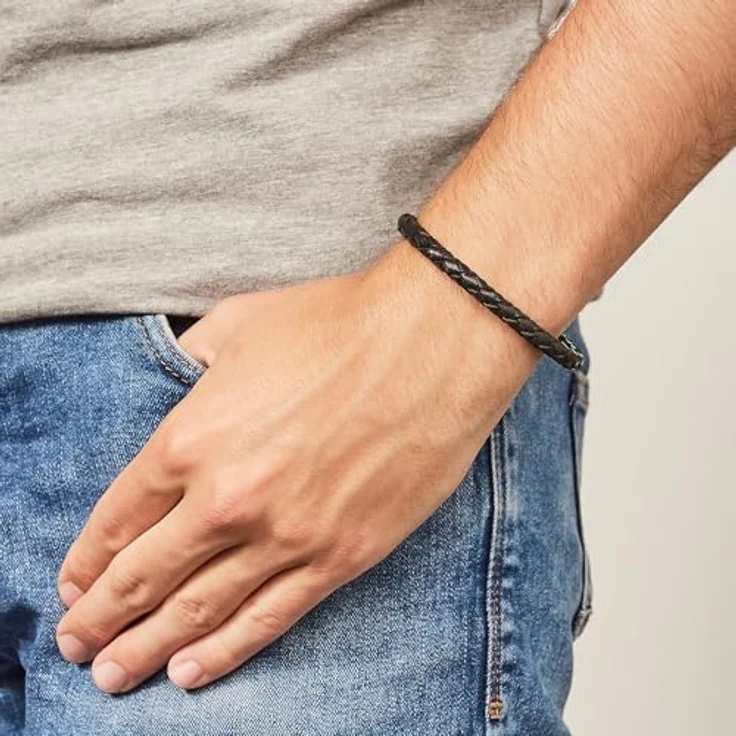 Fossil Herren Armband aus echtem Leder oder Edelstahl, verstellbarer Verschluss, schwarz und silber, Gesamtlänge 2022 cm – Bild 5