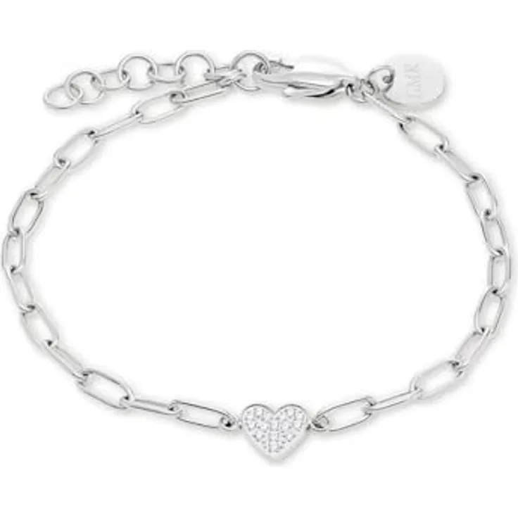 Guido Maria Kretschmer Armband 88994051, silbernes Edelstahlarmband im Paperlink-Stil mit Liebessymbol und weißen Farbsteinen, längenverstellbar