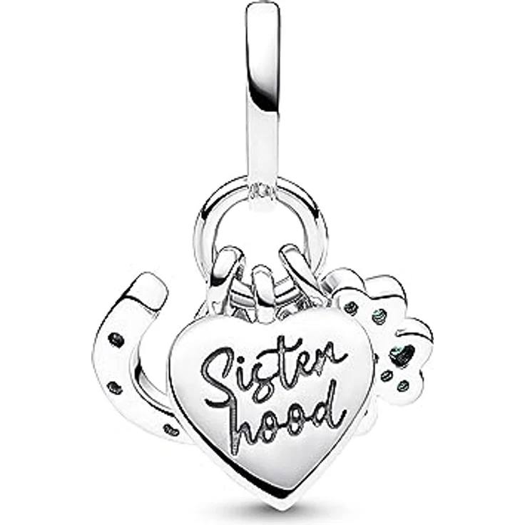 PANDORA Moments Dreifacher Charm-Anhänger, Vierblättriges Kleeblatt, Herz mit "Sisterhood"-Gravur und Hufeisen, Sterling Silber mit Kristallen und Zirkonia, kompatibel mit Moments Armbändern, 792755C01 – Bild 2