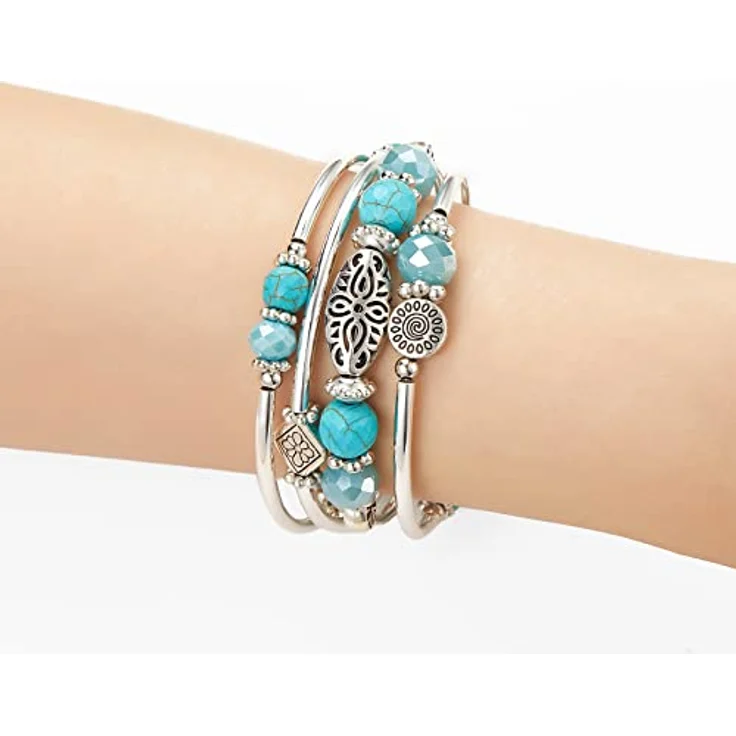 FULU AUTUMN Damen Boho Wickelarmband mit mehrschichtigen Perlen und versilbertem Design, turquoise – Bild 5