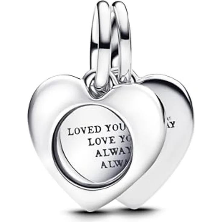 PANDORA Moments Gravierbares Herz Lupe Doppelter Charm-Anhänger aus Sterling Silber mit persönlicher Gravur, kompatibel mit Moments und ME Armbändern, 793671C00