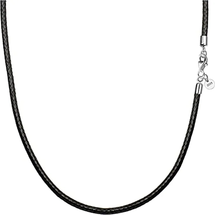 Viwind Lederkette 925 Silber Verschluss, geflochtene Kunstleder Halskette 2,5mm breit für Damen und Herren, wahlweise 45-60cm in Schwarz, ideal für Anhänger und DIY Schmuck