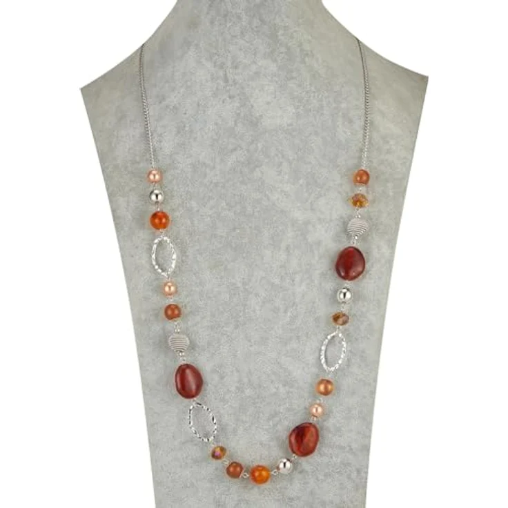 Bulinlin Silber Perplen Lang Kette für Damen, Boho Statement Chain Halskette aus Harz- und Metallperlen, 35+3 Zoll, in Rotbraun – Bild 3