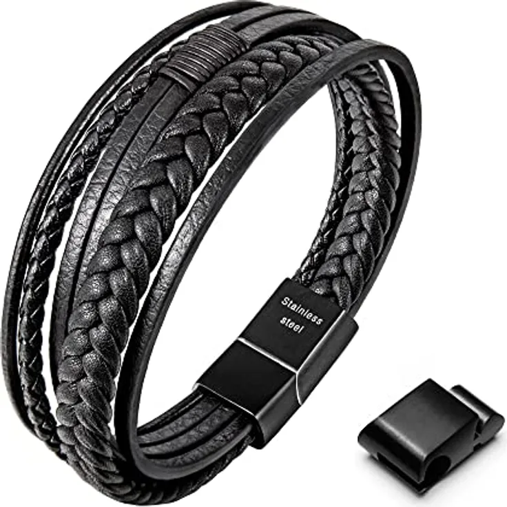 Speroto Herren Lederarmband aus Rindsleder und Edelstahl, geflochten, schwarz, 23 cm