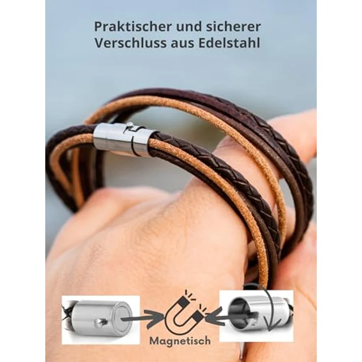 Simaru Wickelarmband aus echtem Leder mit Edelstahl Magnetverschluss, Unisex, hautfreundlich, Made in EU, 6mm breit, geflochten und glatt – Bild 4