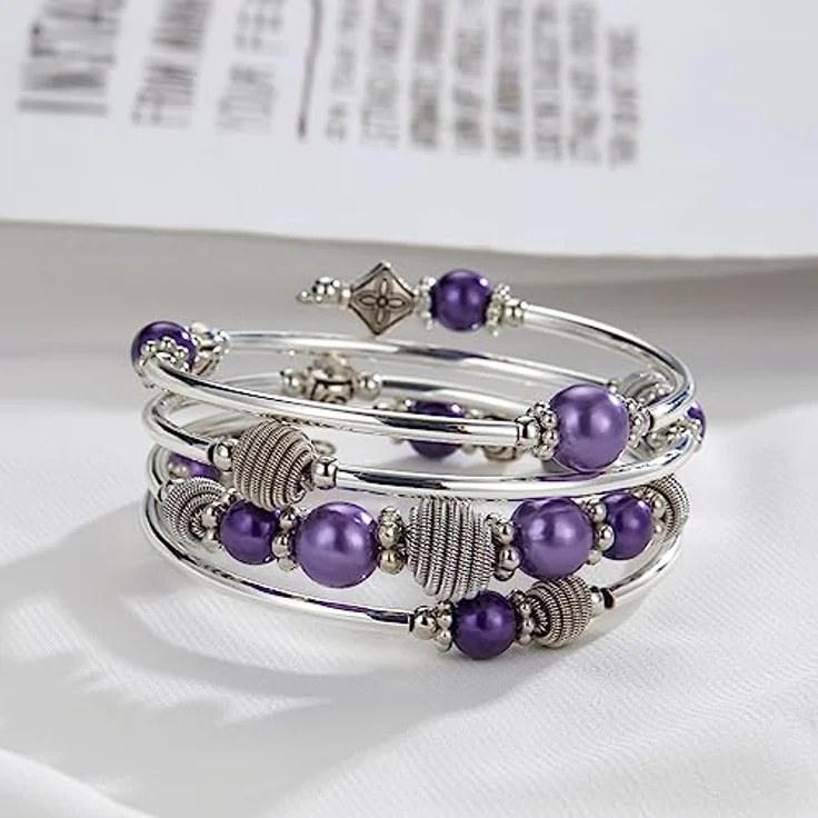 Bulinlin Silber Wickelarmband mit Naturstein Perlen, Boho Mehrschichtiges Damen Armband in Violett, perfektes Geburtstagsgeschenk – Bild 3