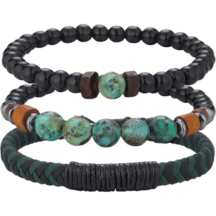 Dazylleco 3 Stück Herren Perlenarmband Set, Naturstein Armband aus Tigerauge und Achat, Edelstahl und Leder, verstellbar, Schwarz/Grün