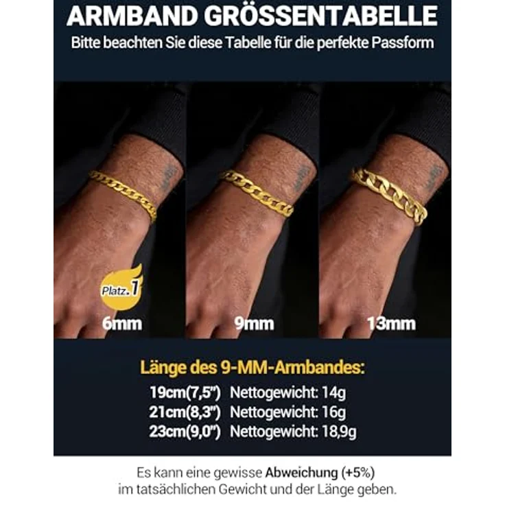 PROSTEEL Panzerarmband Herren, 19cm lang, 9mm breit, Edelstahl in Gold, wasserdicht und robust, klassisches Miami Design mit Karabinerverschluss – Bild 2