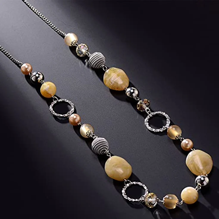 Bulinlin Damen Lange Perlenkette Boho Silber Metallkette mit Harz- und Glaskristallperlen, 35 Zoll + 3 Zoll verstellbar, Beige – Bild 5