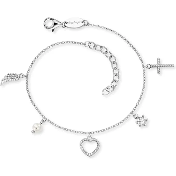 Engelsrufer Damen Armband, Sterling Silber mit Zirkonia, Perle und Anhängern - Kreuz, Herz, Engelsflügel - längenverstellbar 17-20 cm, nickelfrei – Bild 1