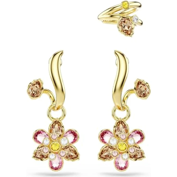 Swarovski Idyllia Ohrringe, mehrfarbiges und vergoldetes Set mit zwei Ohrringen und einer Ohrspange, Kristallblumen in verschiedenen Schliffen, Größe: 2 x 1.3 cm – Bild 1
