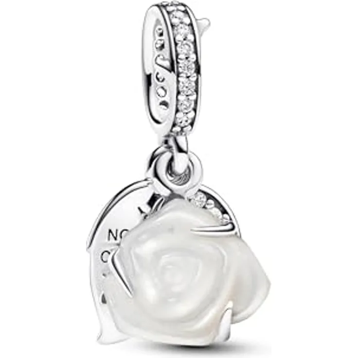 PANDORA Moments Weiße Blühende Rose Doppelter Charm-Anhänger aus Sterling Silber mit Zirkonia, Kompatibel mit Moments Armbändern, eingravierte Botschaft „NOTHING COMPARES TO YOU“