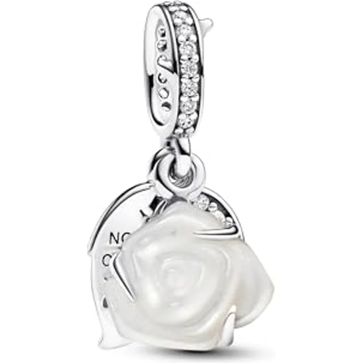 PANDORA Moments Weiße Blühende Rose Doppelter Charm-Anhänger aus Sterling Silber mit Zirkonia, Kompatibel mit Moments Armbändern, eingravierte Botschaft „NOTHING COMPARES TO YOU“ – Bild 1