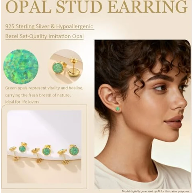 Jiahanzb Opal Ohrringe 925 Sterling Silber, Runde Opal Ohrstecker Grün, Hypoallergene Ohrstecker 8 mm, Vergoldet – Bild 5