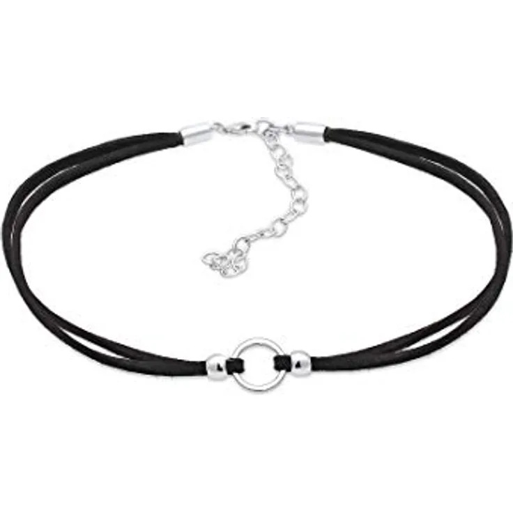 Elli Halskette Damen Choker Trend Kreis, Veloursleder Schwarz, 925 Sterling Silber, handgefertigt