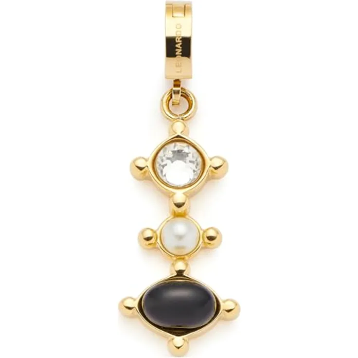 JEWELS BY LEONARDO Clip & Mix Adelia, Ketten-Anhänger aus goldfarbenem Edelstahl mit klarem Glasstein, weißen Imitationsperle und schwarzem Onyx, 3,1 x 1 x 0,6 cm