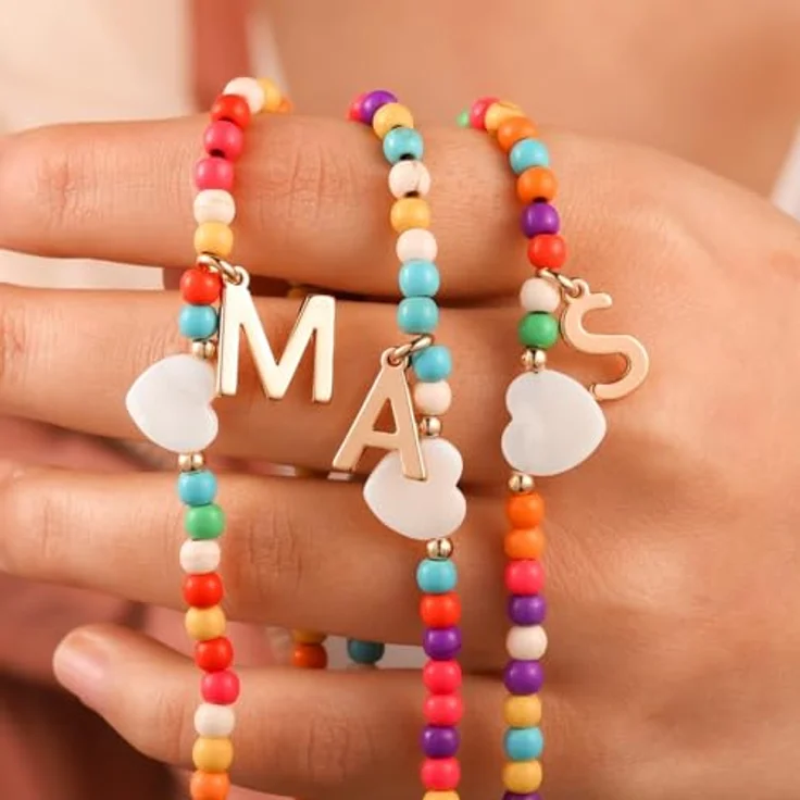 TINGN Bunte Perlenkette mit Initiale S, Personalisierte Damen Halskette aus Türkisperlen und Muschelherzen, 14+2 Zoll Choker-Stil, Geschenk für Frauen und Mädchen – Bild 4
