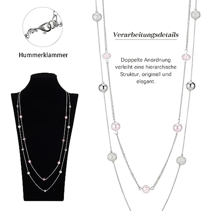 FULU AUTUMN Damen Statement Kette, Lange Perlenkette in Pink und Silber, Zwei Strang Modeschmuck Halskette, verstellbare Längen 39-43 Zoll – Bild 4