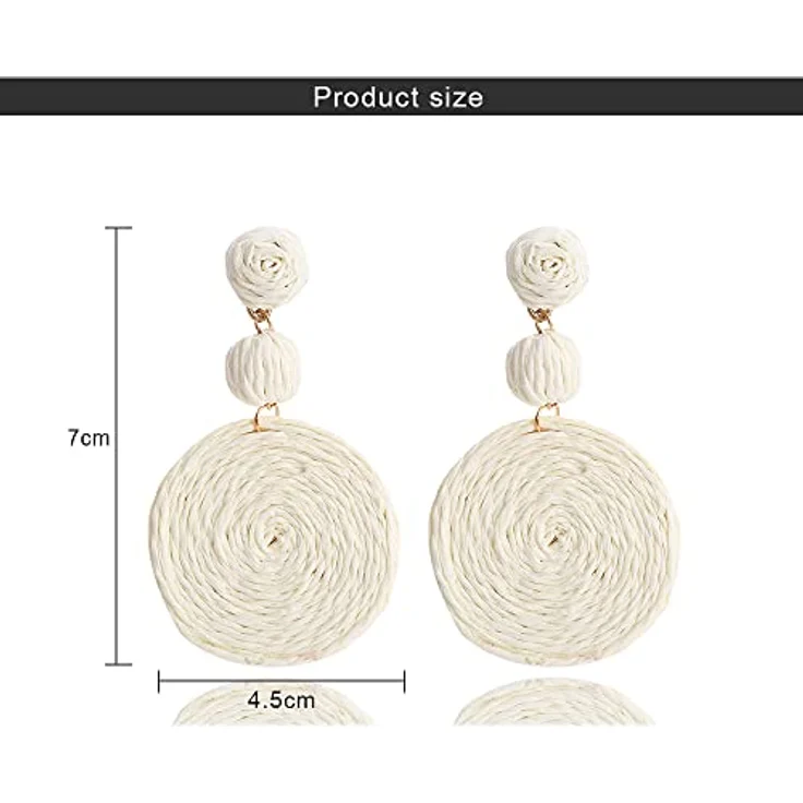 FDEETY Raffia Boho-Stil Ohrringe, handgefertigte geometrische Creolen in nicht-gerade Weiß, 100% natürliche Rattanfaser, ultraleicht und bequem, perfektes Geschenk für Frauen und Mädchen – Bild 4