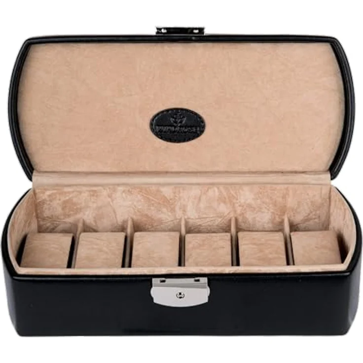 Windrose Merino Watch Box M, elegante schwarze Schmuckschatulle für Uhren, 26,5 x 8,5 x 11 cm