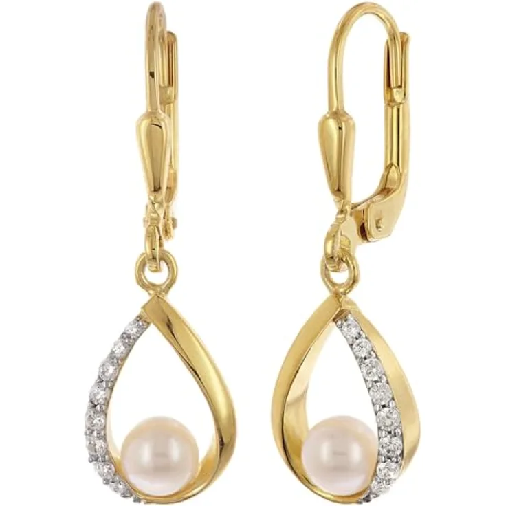 trendor Damen-Ohrringe 925 Silber Vergoldet, Ohrhänger mit Zirkonias und Süßwasser-Perlen, 28 mm, elegantes Accessoire, Geschenkidee 68837