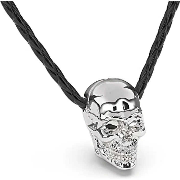 SERASAR Lederkette Herren mit Toten Schädel Anhänger, 50cm Silberne Lederkordelkette aus echtem Rindsleder, Geschenkbox für Rocker – Bild 1