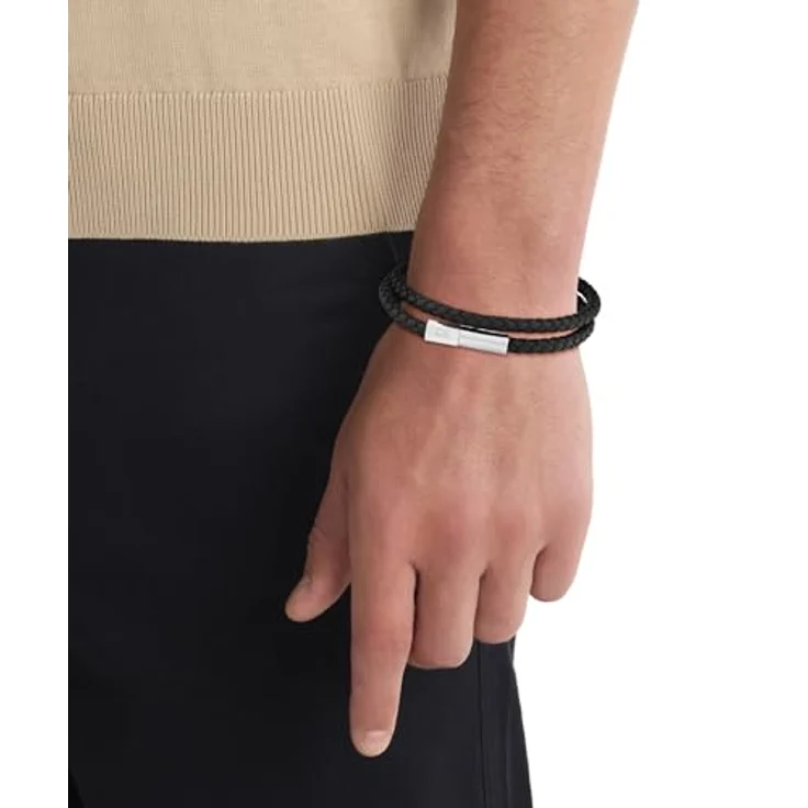 Calvin Klein INDUSTRIAL FACETS Armband für Herren, schwarzes geflochtenes Leder in Doppelschlaufe mit Edelstahlverschluss, 195 mm Innenumfang – Bild 3
