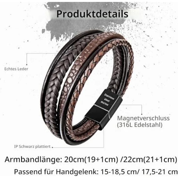 Speroto Lederarmband für Herren, geflochtenes Armband aus echtem Rindsleder und Edelstahl, braun, 23 cm – Bild 5
