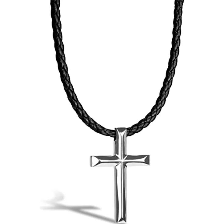 SERASAR Herren Lederkette mit Kreuz Anhänger, 60cm Silber Lederband aus echtem Rindsleder, Schmuckschachtel als Geschenk