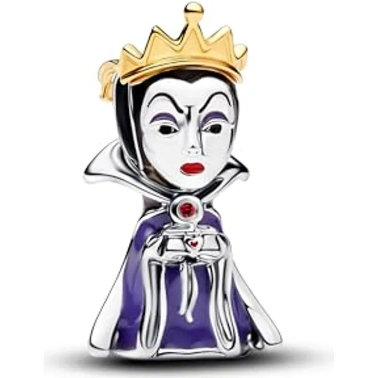 PANDORA Moments Disney Villains Böse Königin Charm aus Sterling-Silber mit 14K Vergoldung und rotem Kristall, kompatibel mit Moments, 764380C01