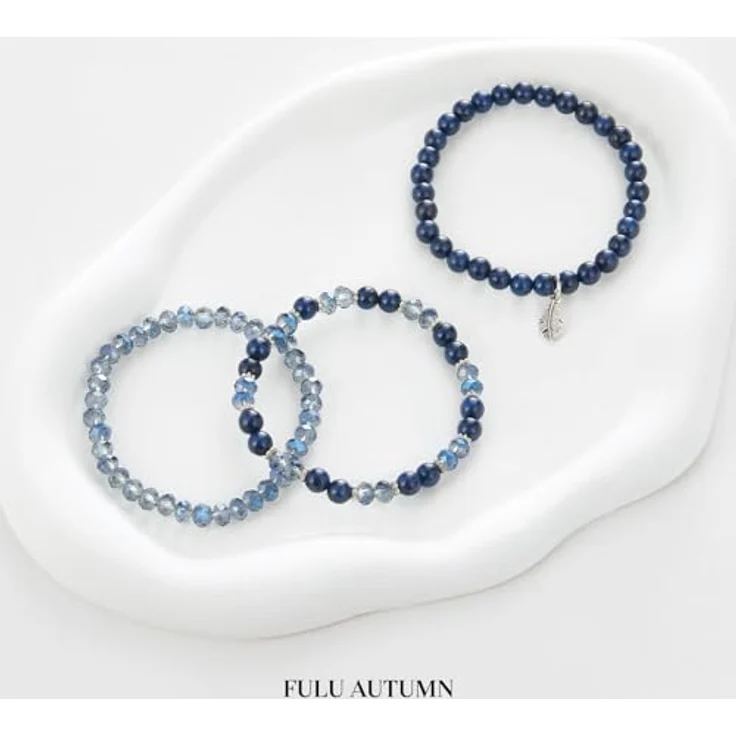 FULU AUTUMN Perlenarmband Set, mehrschichtiges Boho Damen Armband aus Natursteinen, elastisch, dunkelblau – Bild 2