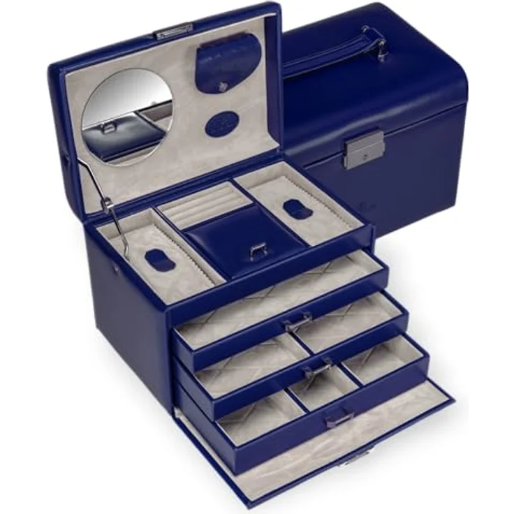 Windrose Schmuckkoffer Merino Moda, luxuriöser Schmuckaufbewahrungskoffer aus Lederoptik, dunkelblau – Bild 1